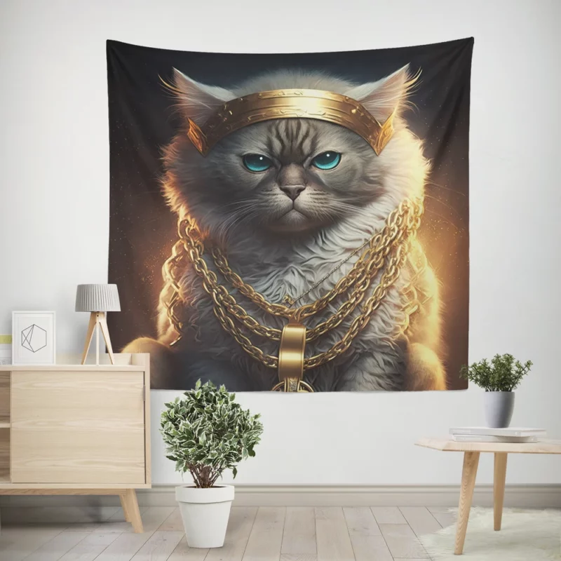 Stylish Rapper Cat with Gold Chains Wall Tapestry