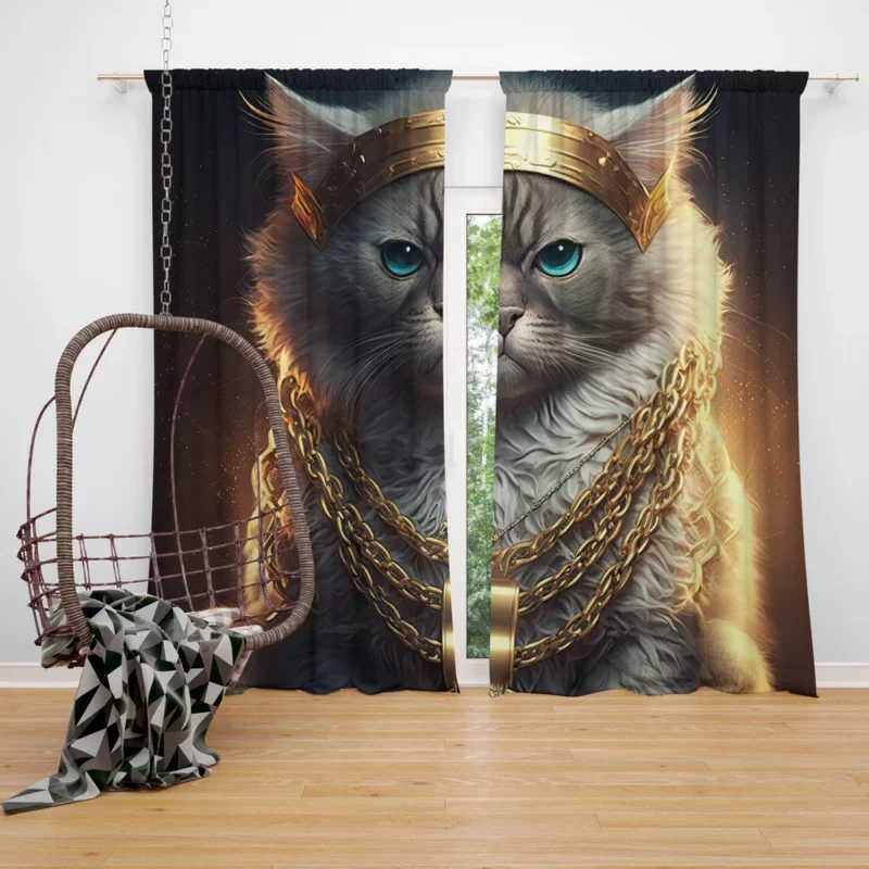 Stylish Rapper Cat with Gold Chains Window Curtain