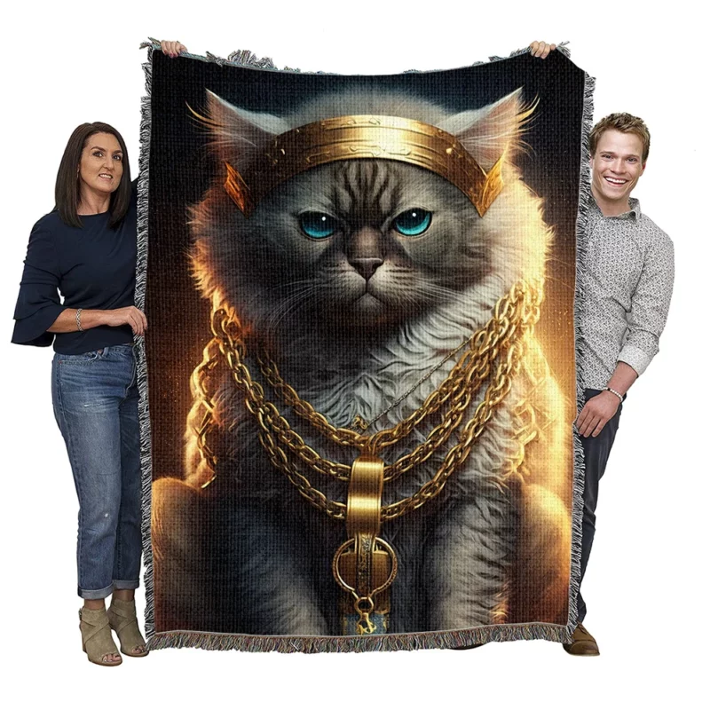 Stylish Rapper Cat with Gold Chains Woven Blanket