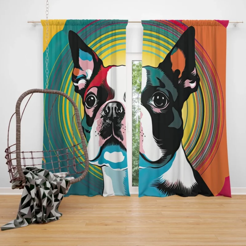 Stylized Boston Terrier Puppy Window Curtain