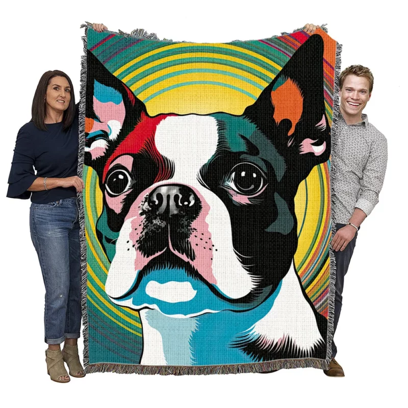 Stylized Boston Terrier Puppy Woven Blanket