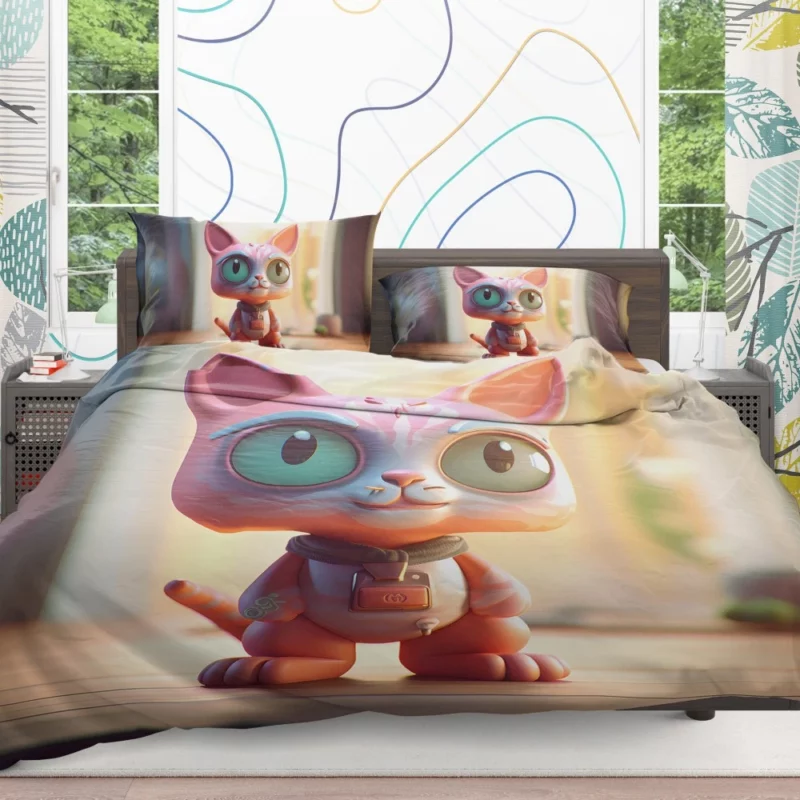 Stylized Toy Cat with Cyborg Features Bedding Set