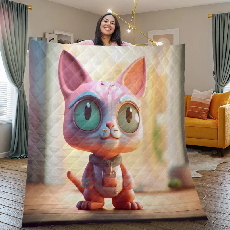 Stylized Toy Cat with Cyborg Features Quilt Blanket