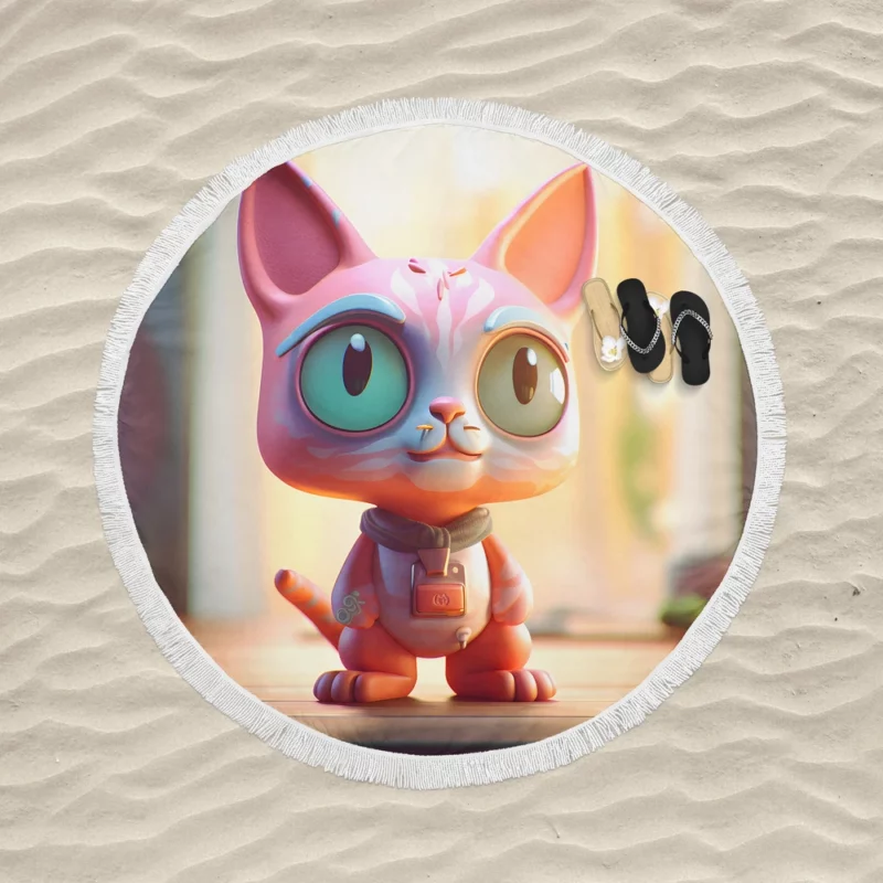 Stylized Toy Cat with Cyborg Features Round Beach Towel