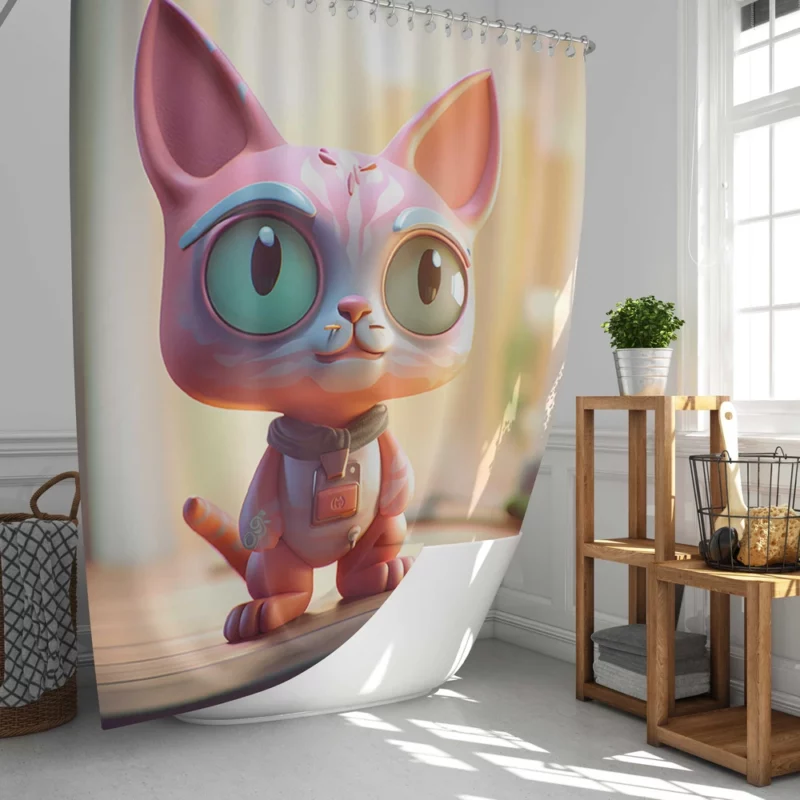 Stylized Toy Cat with Cyborg Features Shower Curtain