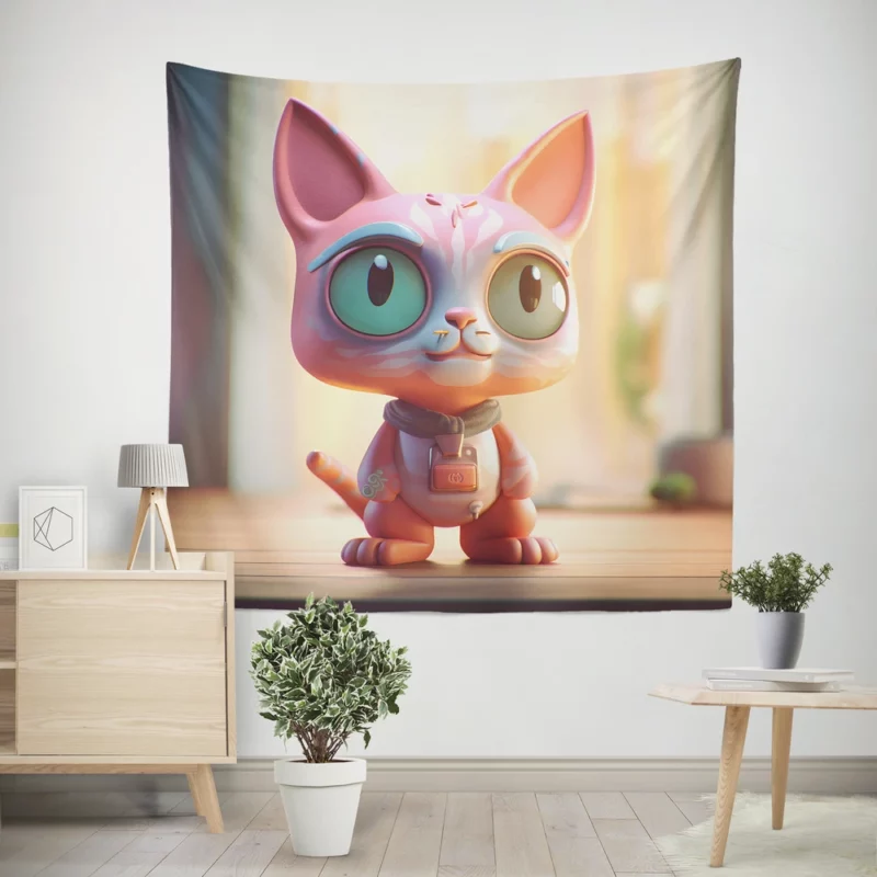 Stylized Toy Cat with Cyborg Features Wall Tapestry