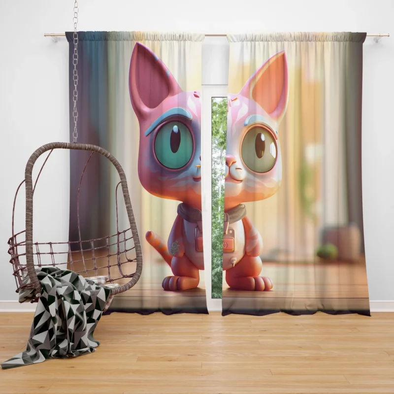 Stylized Toy Cat with Cyborg Features Window Curtain