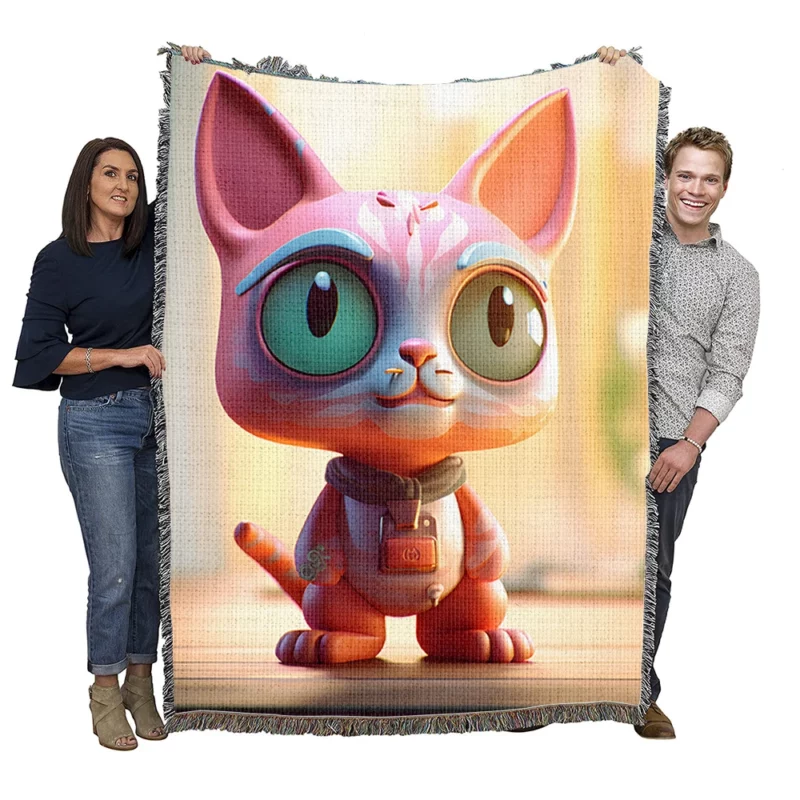 Stylized Toy Cat with Cyborg Features Woven Blanket