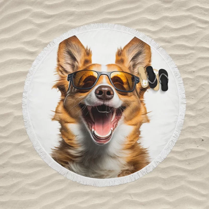 Sunglasses Dog Illustration Print Round Beach Towel