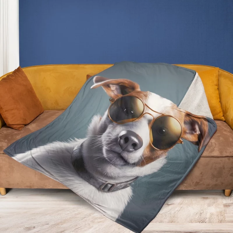 Sunglasses-wearing Dog Portrait Print Fleece Blanket 1