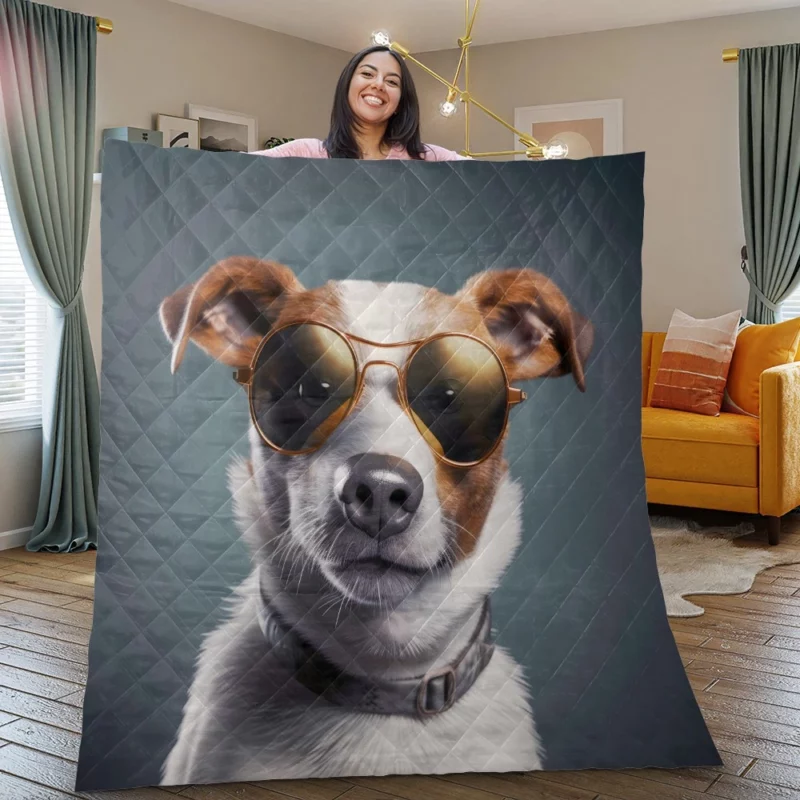 Sunglasses-wearing Dog Portrait Print Quilt Blanket