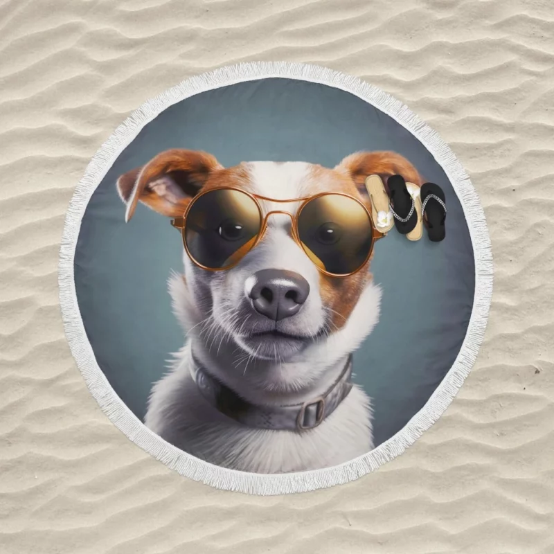 Sunglasses-wearing Dog Portrait Print Round Beach Towel