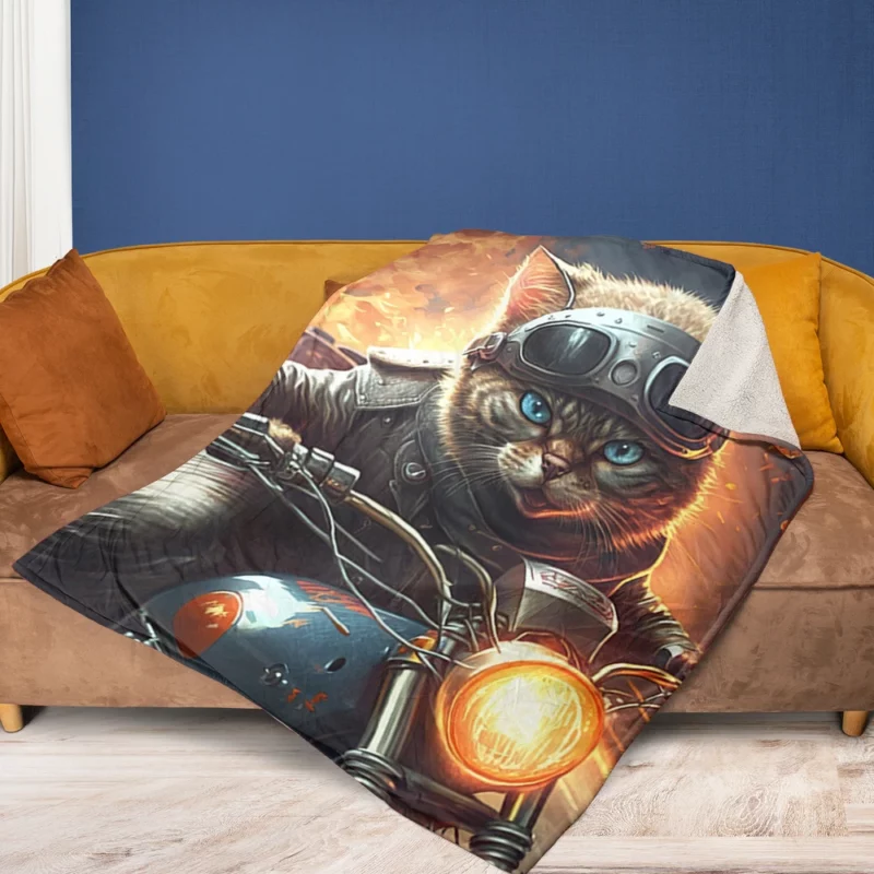 Superhero Biker Cat Riding Fleece Blanket 1