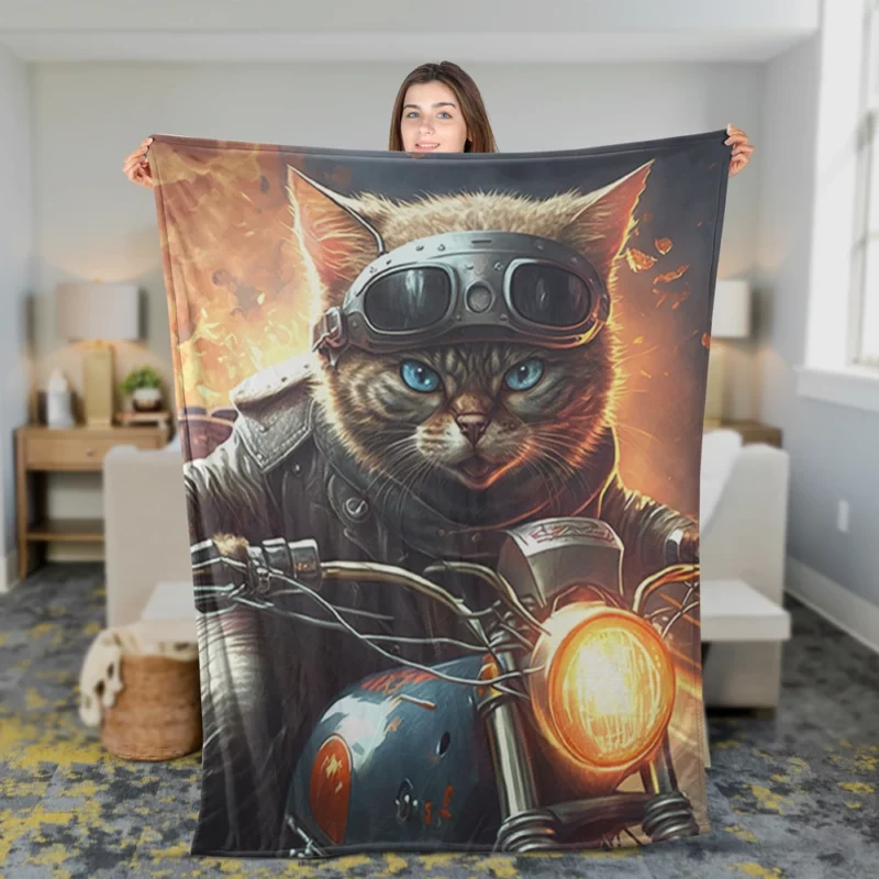 Superhero Biker Cat Riding Fleece Blanket 2