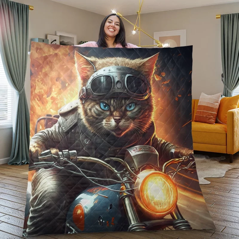 Superhero Biker Cat Riding Quilt Blanket