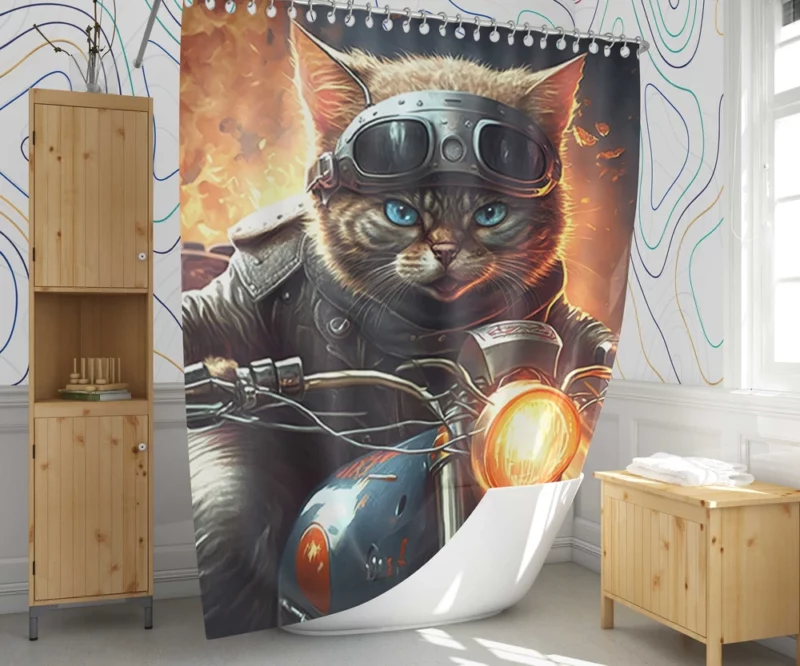 Superhero Biker Cat Riding Shower Curtain 1