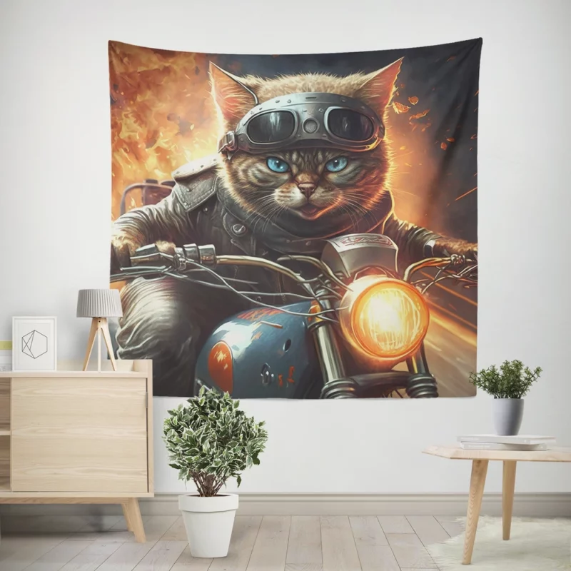 Superhero Biker Cat Riding Wall Tapestry