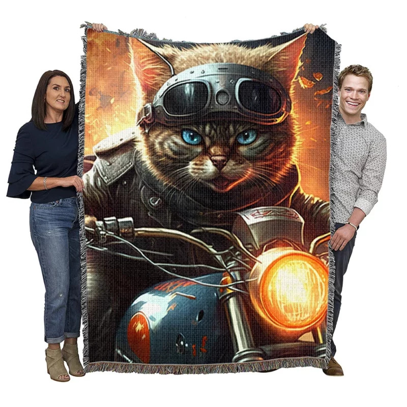 Superhero Biker Cat Riding Woven Blanket