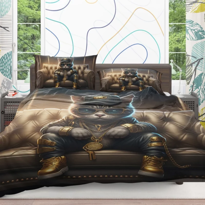 Thug Life Cat with Gold Chains Bedding Set