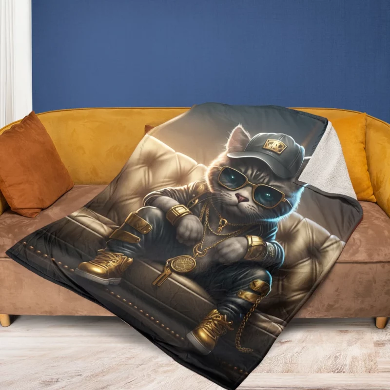 Thug Life Cat with Gold Chains Fleece Blanket 1