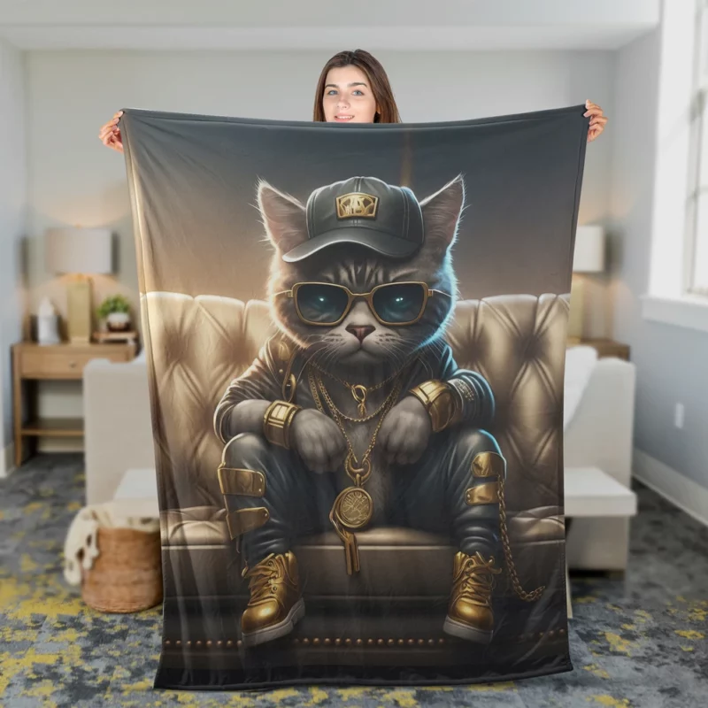 Thug Life Cat with Gold Chains Fleece Blanket 2