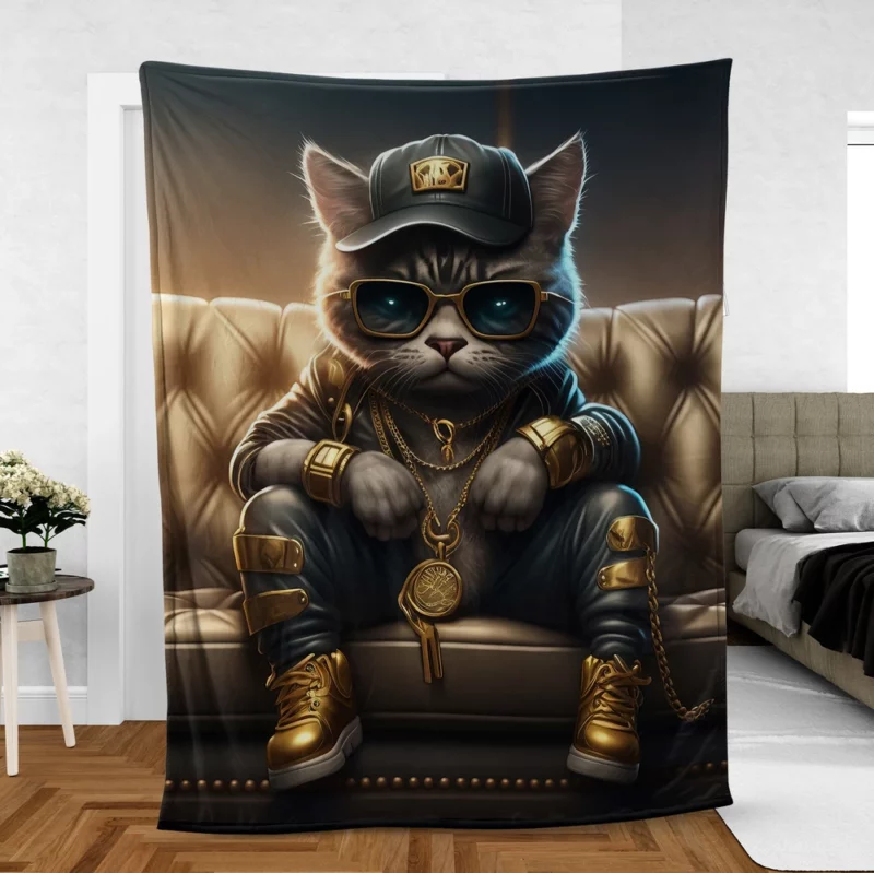 Thug Life Cat with Gold Chains Fleece Blanket