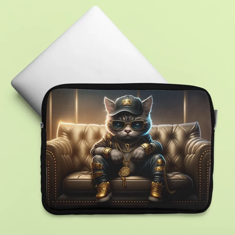 Thug Life Cat with Gold Chains Laptop Sleeve