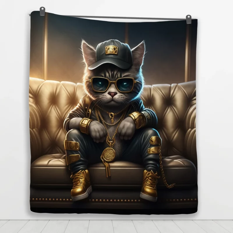 Thug Life Cat with Gold Chains Quilt Blanket 1