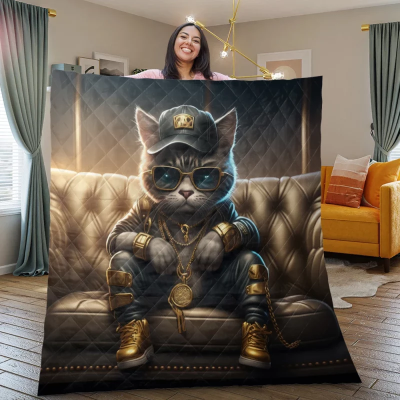 Thug Life Cat with Gold Chains Quilt Blanket