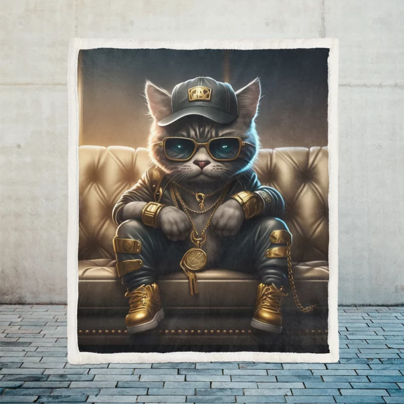 Thug Life Cat with Gold Chains Sherpa Fleece Blanket