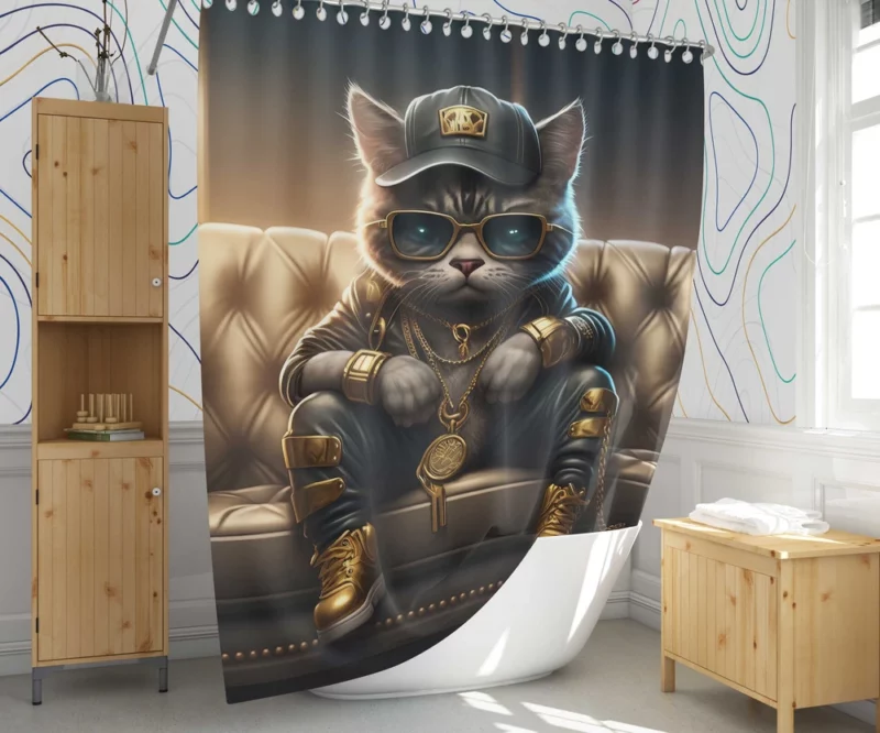 Thug Life Cat with Gold Chains Shower Curtain 1