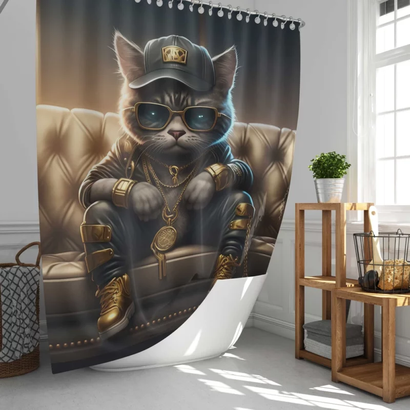 Thug Life Cat with Gold Chains Shower Curtain