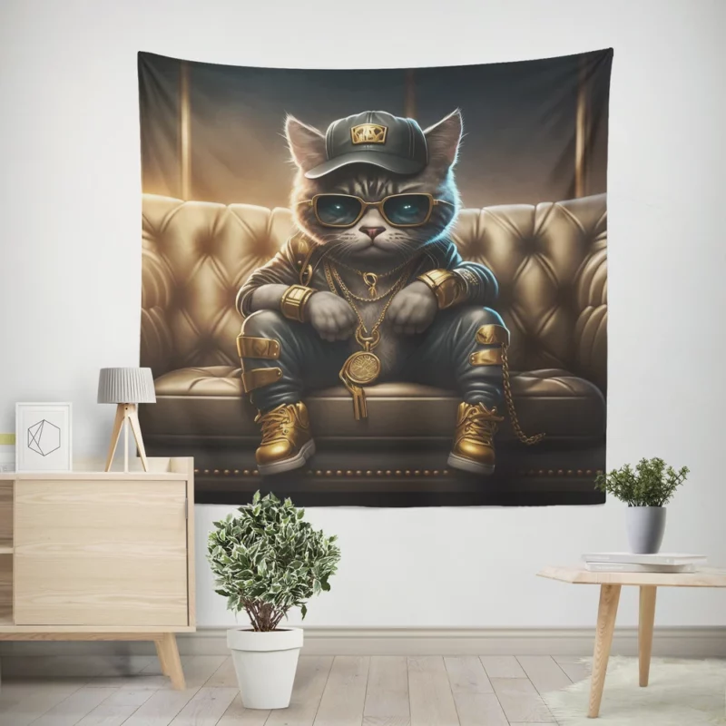 Thug Life Cat with Gold Chains Wall Tapestry