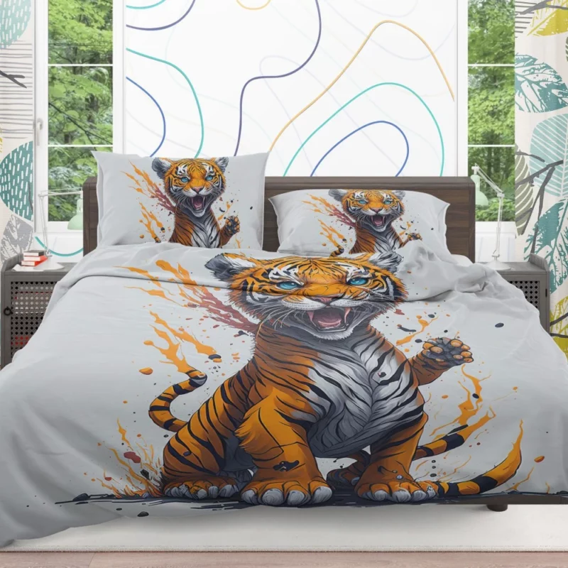 Tiger with Blue Eyes and Orange Splatters Bedding Set