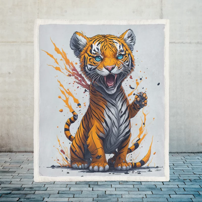 Tiger with Blue Eyes and Orange Splatters Sherpa Fleece Blanket