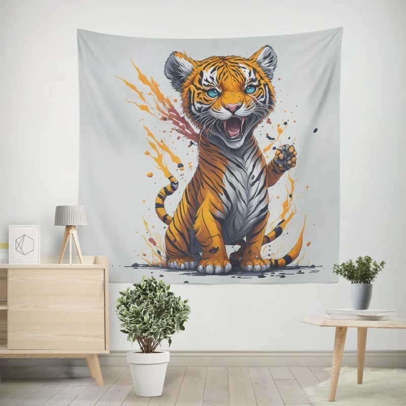 Tiger with Blue Eyes and Orange Splatters Wall Tapestry