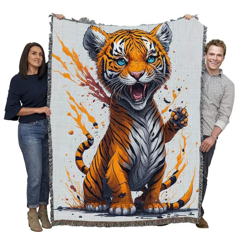 Tiger with Blue Eyes and Orange Splatters Woven Blanket