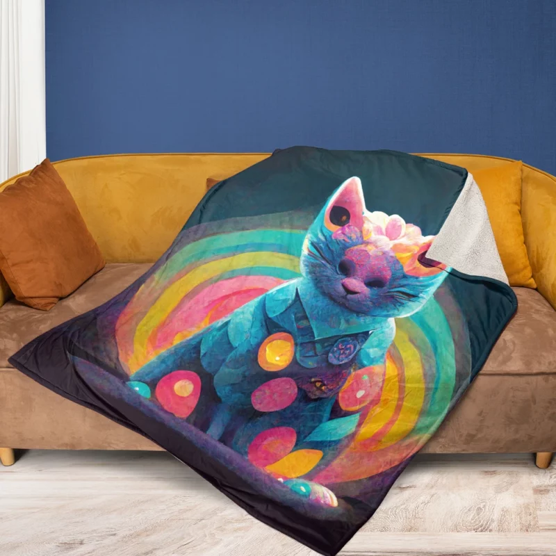 Trippy Psychedelic Cat Portrait Fleece Blanket 1