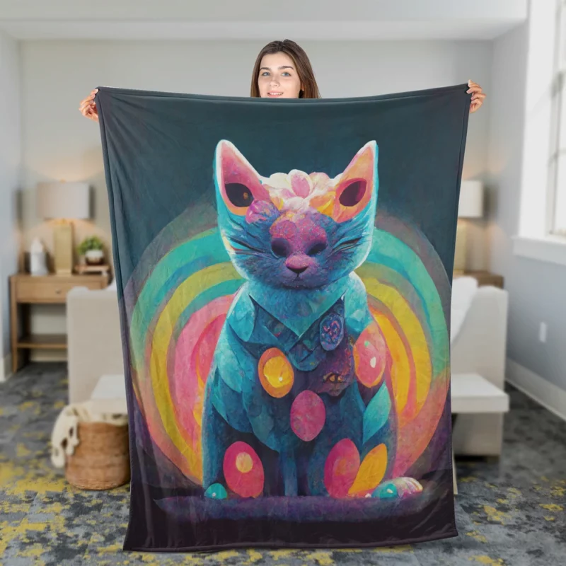 Trippy Psychedelic Cat Portrait Fleece Blanket 2