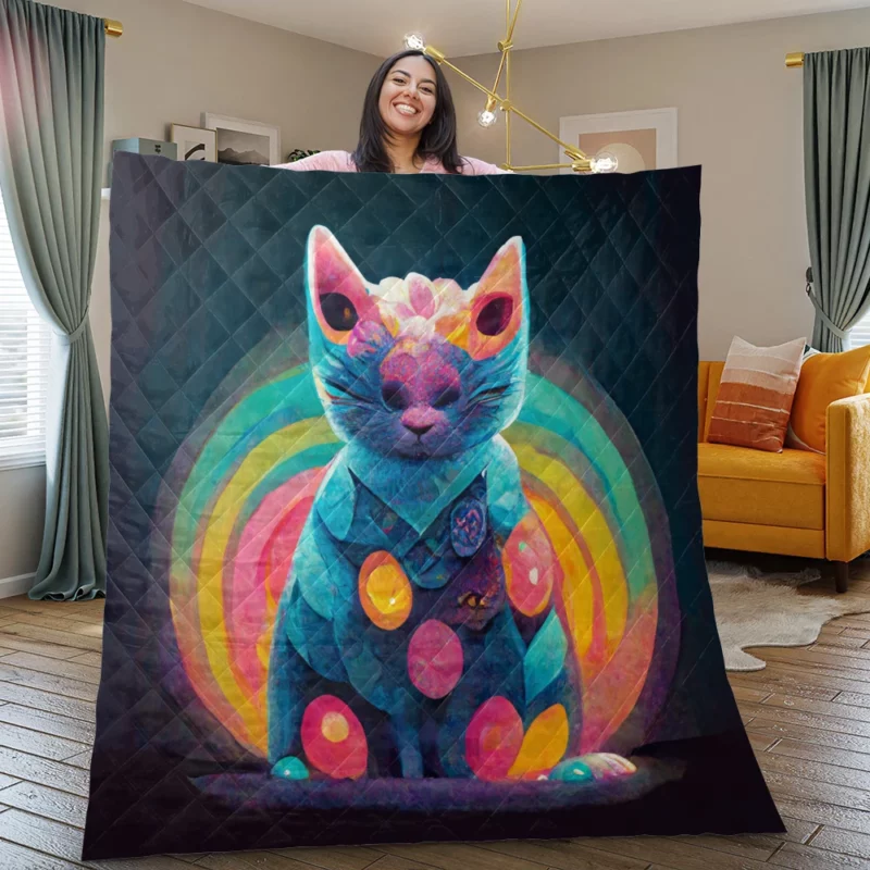 Trippy Psychedelic Cat Portrait Quilt Blanket