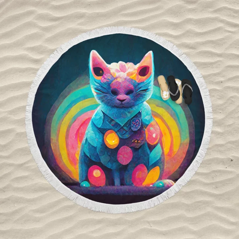 Trippy Psychedelic Cat Portrait Round Beach Towel