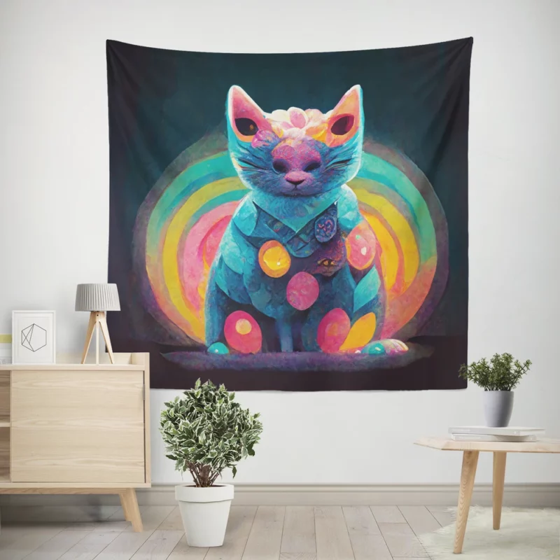 Trippy Psychedelic Cat Portrait Wall Tapestry