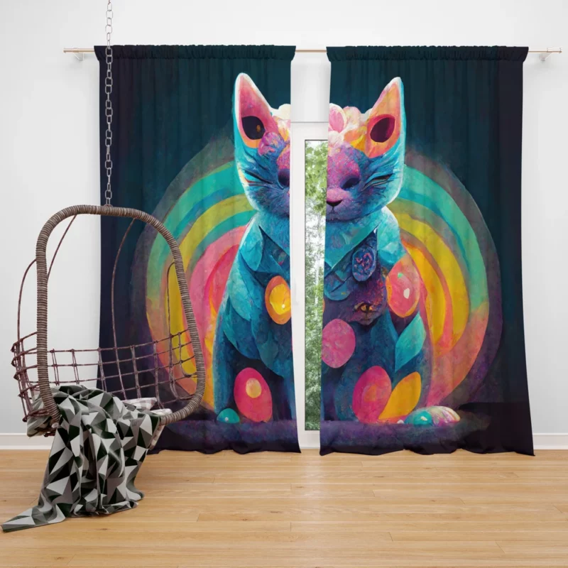 Trippy Psychedelic Cat Portrait Window Curtain