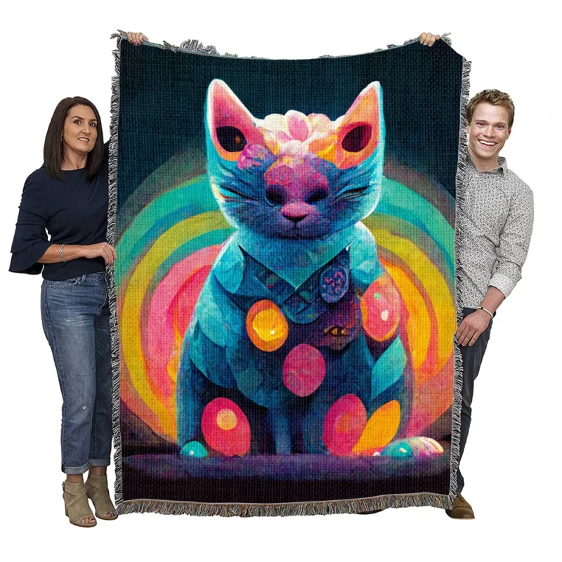 Trippy Psychedelic Cat Portrait Woven Blanket