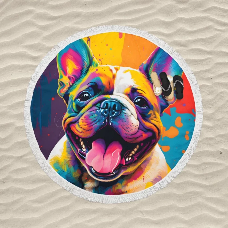 Vibrant Dog Painting with Pink Tongue Round Beach Towel