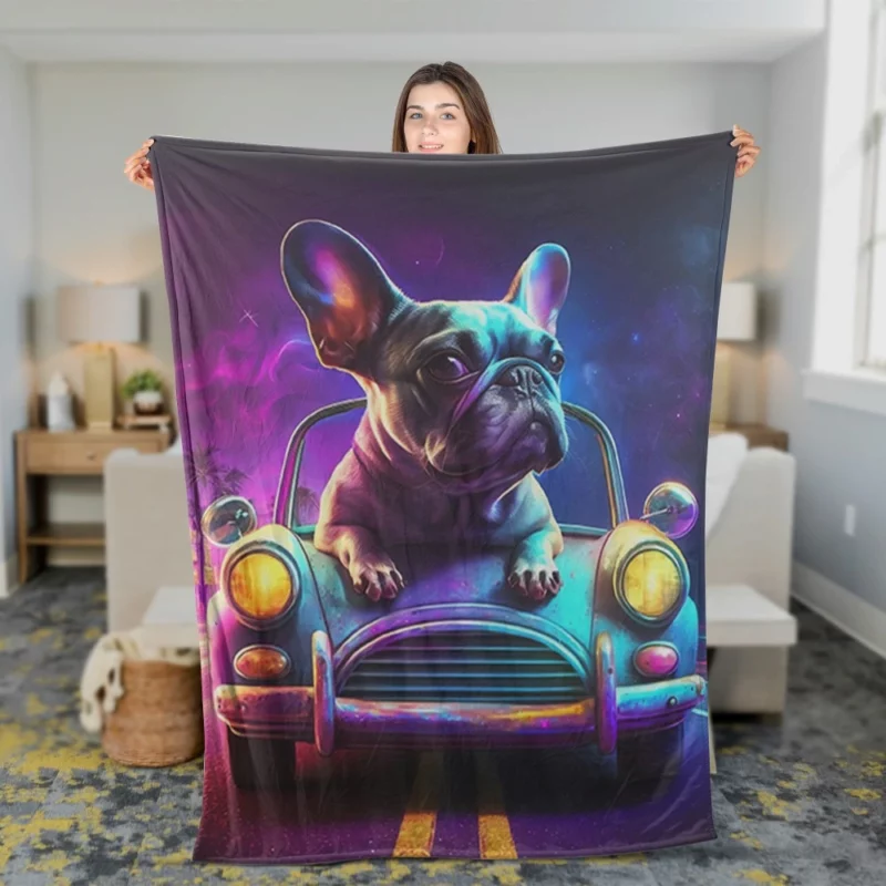 Vintage Car French Bulldog Fleece Blanket 2