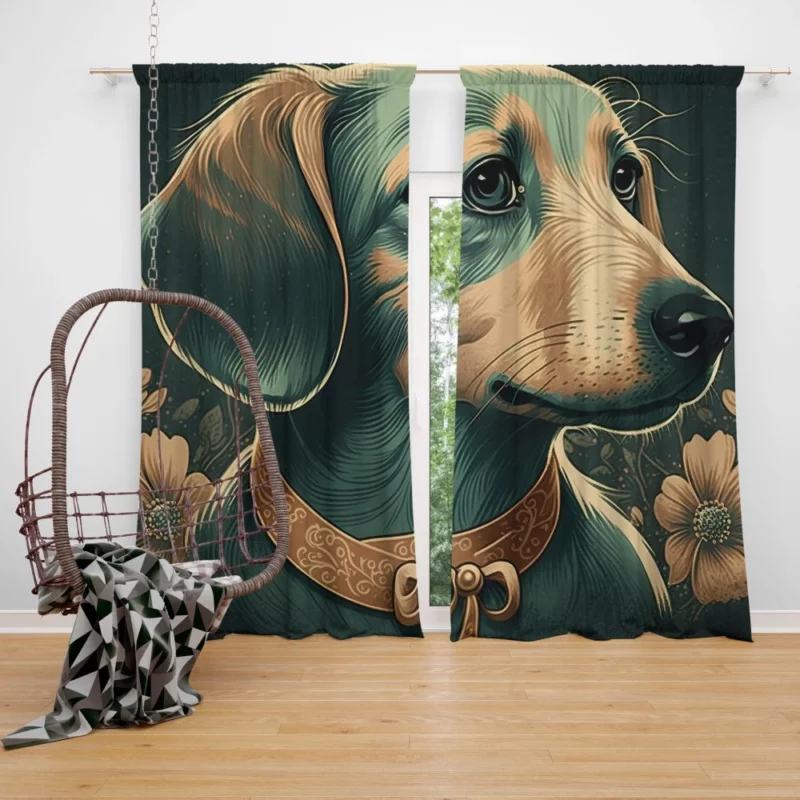 Vintage Dog Illustration Print Window Curtain
