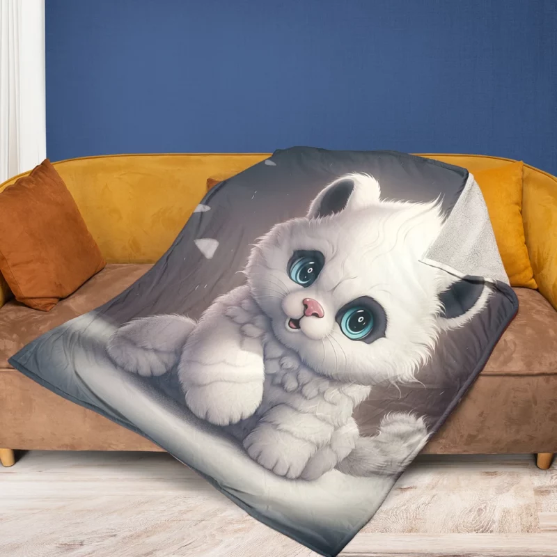 White Cat with Blue Eyes Fleece Blanket 1