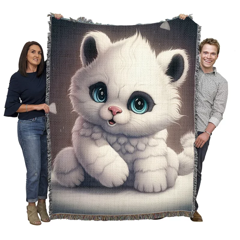 White Cat with Blue Eyes Woven Blanket