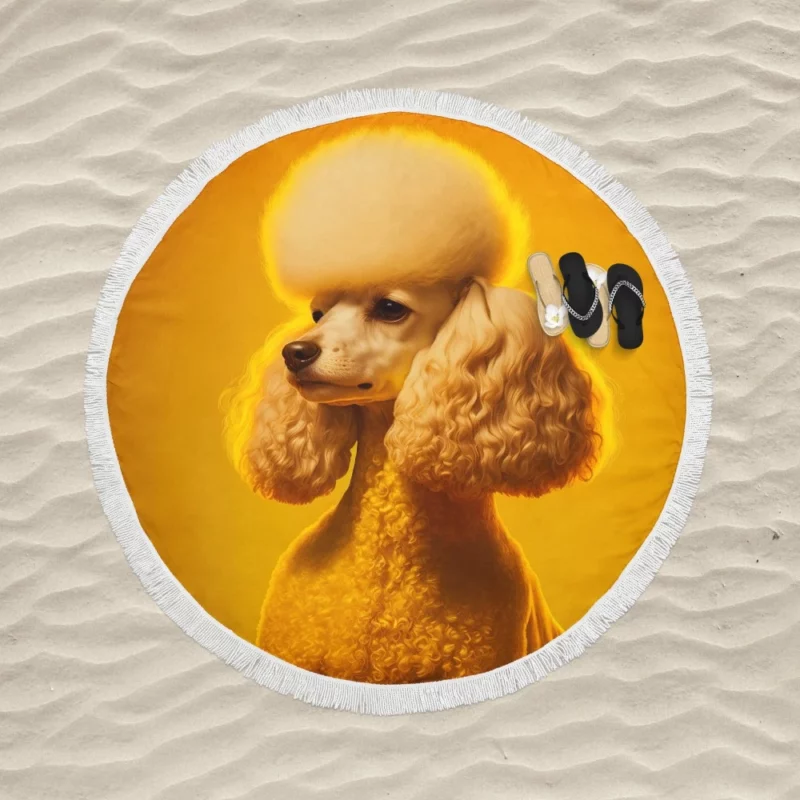 Yellow Background Poodle Portrait Print Round Beach Towel